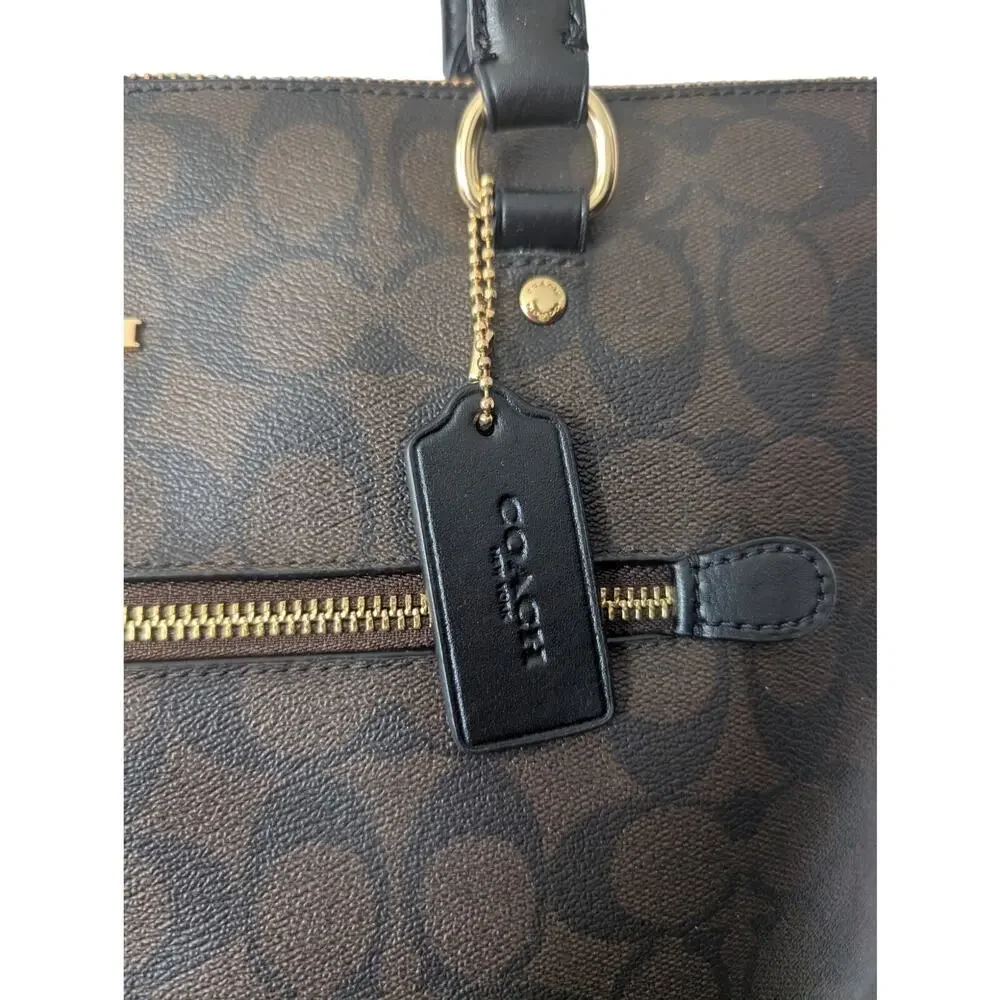 Coach Brown Signature Canvas Tote with Black Handles and Gold Hardware